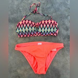 Victoria’s Secret 34B Colorful Aztec Underwire Babe Bandeau Bikini Coral Cheeky